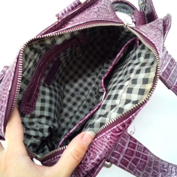 Jessica Simpson Faux Crocodile Purple Shoulder Bag Vegan Handbag Purse Gingham - Picture 10 of 15